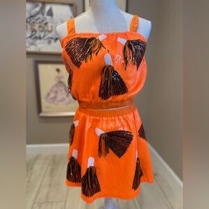 New! QUEEN OF SPARKLES Sequin Orange & Black Pom Pom Skirt Set